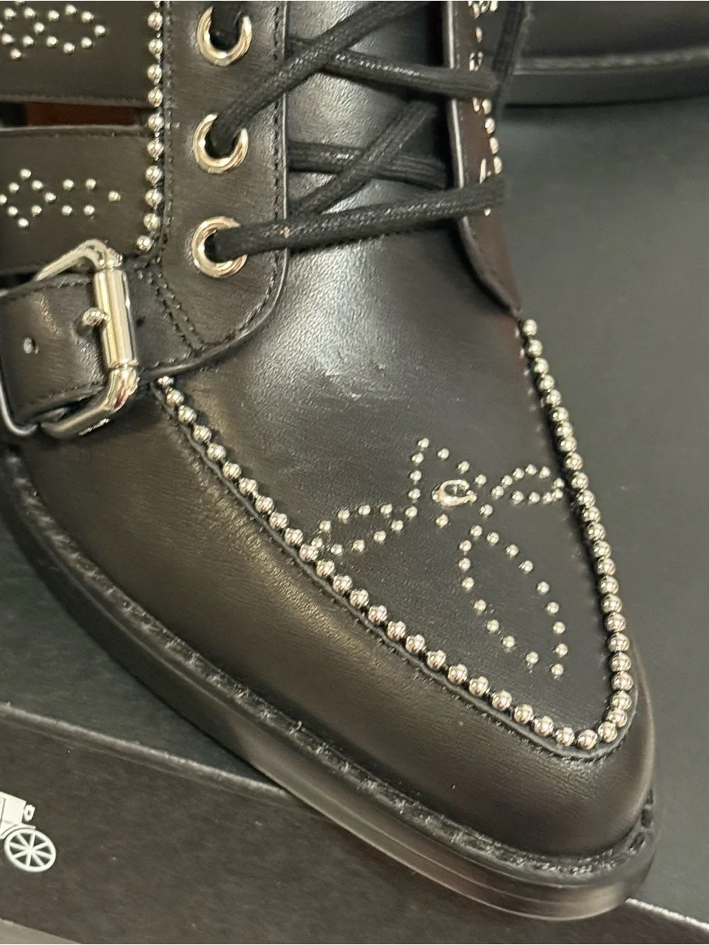 Coach Paisley Black Stud Lace up Leather Heel Boots size 7.5 NEW Rocker Concert